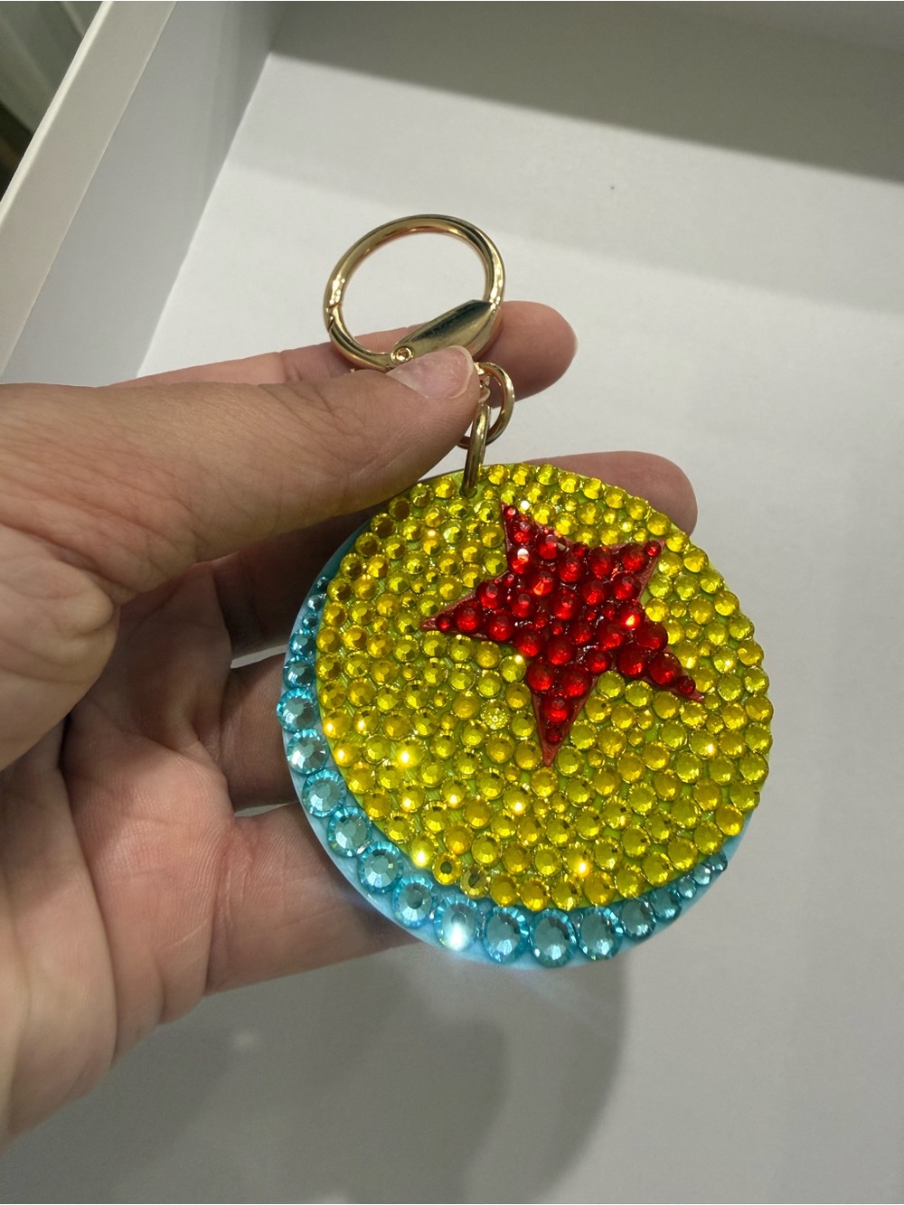 Rhinestone Star Round Keychain - Yellow, Red & Blue Accent
